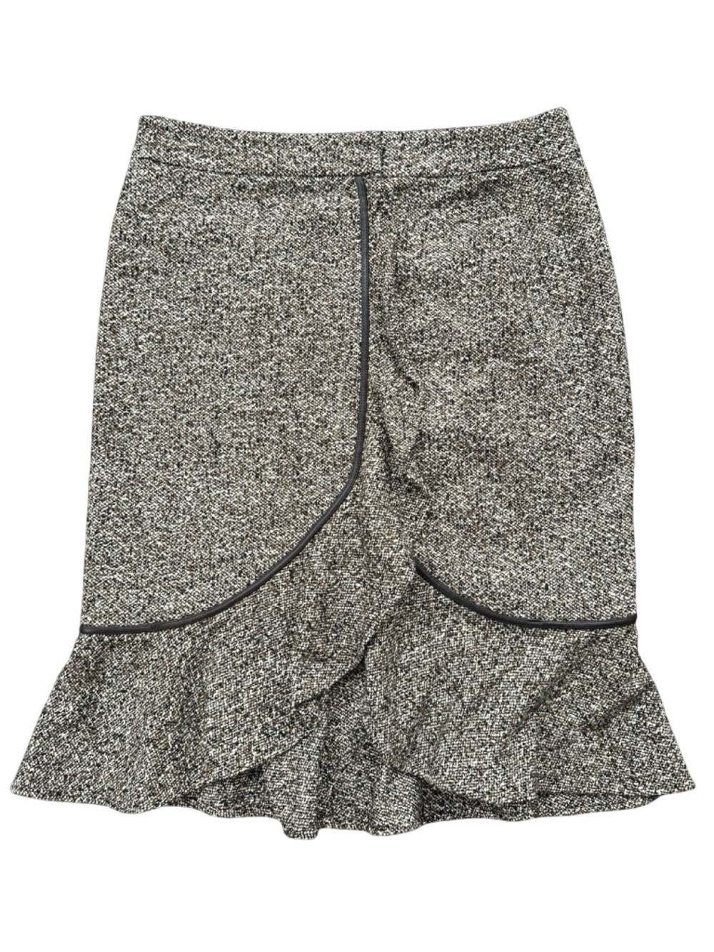 Elie Tahari Brown Tweed Wool Ruffled Skirt Size 6 Asymmetrical Zip Fall Winter